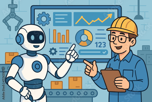 Smart manufacturing and Industry 4.0 concept. An AI robot and an engineer collaborate, analyzing production data on a digital dashboard for process optimization in a modern factory.