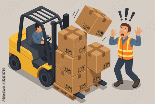 Forklift accident in warehouse. Isometric illustration of workplace safety hazard. Worker in danger from falling boxes. Unsafe work environment, logistics and storage risk.