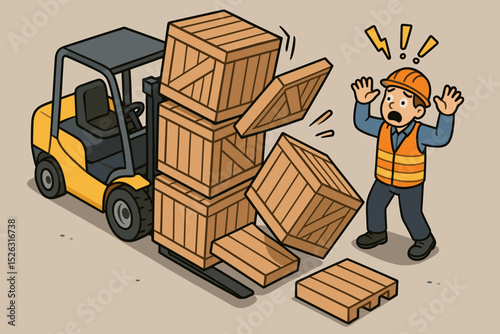 Forklift safety hazard concept. Warehouse accident with falling cargo crates. Shocked worker watches boxes drop from forklift. Workplace danger and occupational health risk vector.