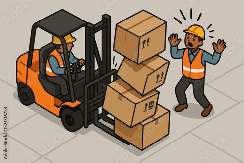 Workplace safety vector illustration of a forklift accident. Man in danger as cargo boxes fall. Warehouse hazard and risk management concept. Occupational health and safety warning.