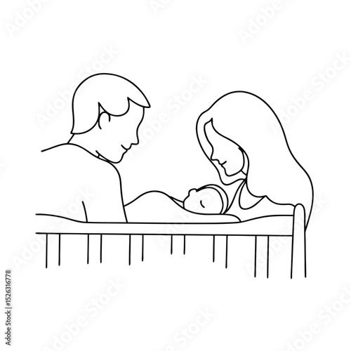 Parents lovingly looking at their sleeping newborn baby line drawing