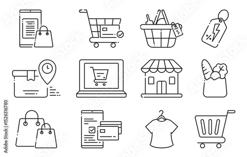 A set of icons representing online shopping and retail activities, featuring carts, smartphones, laptops, and payment methods. Perfect for digital commerce and e-commerce related designs.