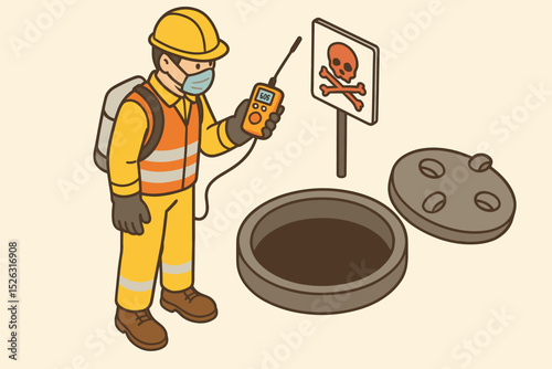 Worker with gas detector checking toxic air in manhole. Confined space entry safety procedure. Occupational health and industrial hazard illustration. PPE and danger sign concept.