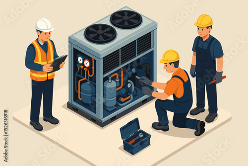 Isometric illustration of HVAC system maintenance. Team of technicians and engineer repairing an industrial air conditioner. Professional service for heating and ventilation equipment.