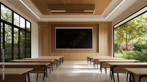 modern classroom interior with interactive smartboard and tech desks, minimalistic design, LED lighting