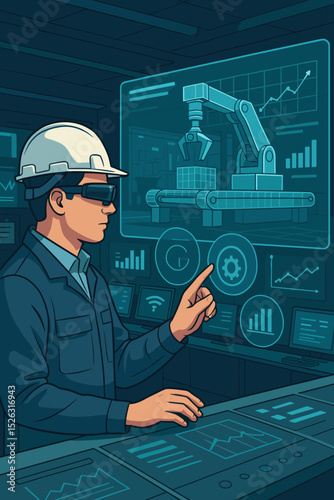 Augmented reality in industry. Engineer managing smart factory with AR glasses. Futuristic manufacturing control interface. Robotic arm on conveyor belt. Industry 4.0 concept vector.