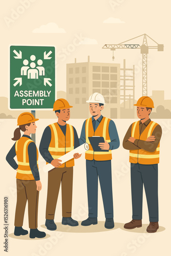 Construction site safety briefing. Team of engineers and builders discussing project plans with blueprint and tablet. Foreman leading a meeting at the assembly point. Vector.