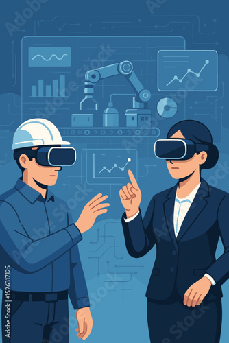 Engineer and manager using virtual reality for digital twin simulation of a smart factory. Industry 4.0 concept for industrial automation, data analysis, and process management.