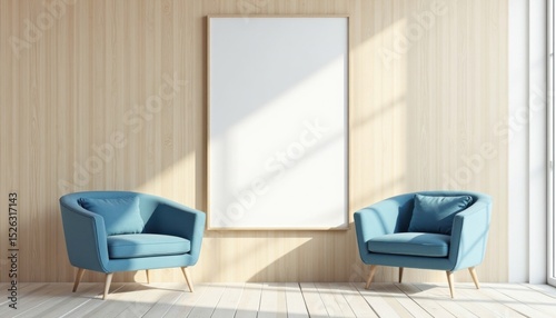 Modern Minimalist Living Room With Blue Armchairs And Large Blank Canvas