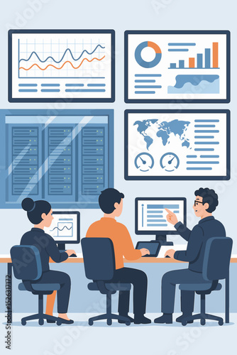 Team of professionals working in a data center control room. Business analysts monitoring server performance and network on dashboards with charts and graphs. IT collaboration concept.