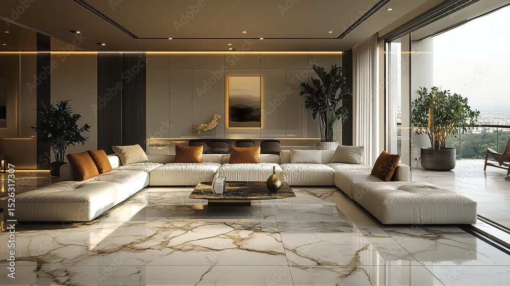 Fototapeta premium Sophisticated interior design featuring polished marble floor and elegant furnishings