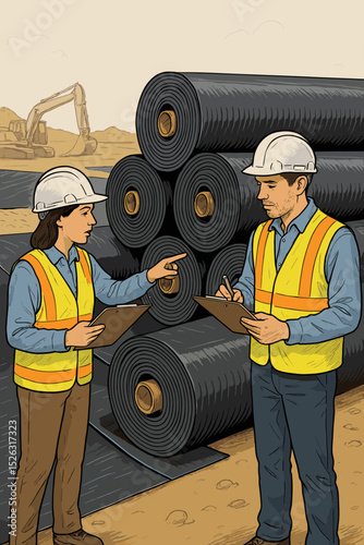 Civil engineers inspecting geomembrane liner rolls on a construction site. Quality control, teamwork, and safety concept. Man and woman with clipboards and hard hats.