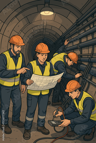 Maintenance crew of engineers and electricians working in an underground tunnel. Team with safety gear, blueprint and multimeter checking infrastructure, wiring and electrical systems.