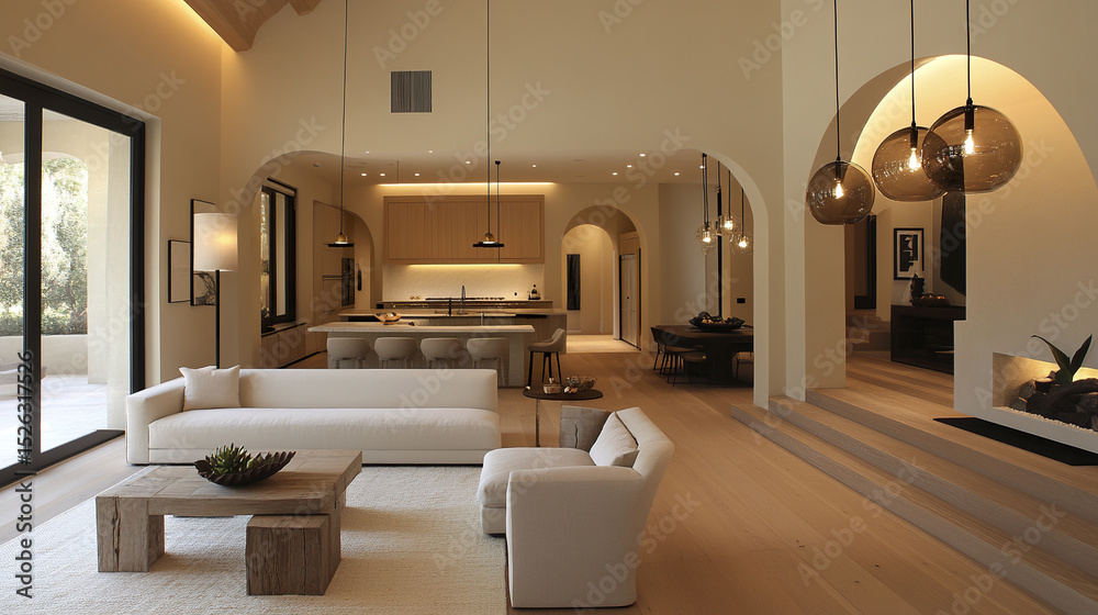 Fototapeta premium Sophisticated living space with modern design, featuring elegant furniture and warm lighting