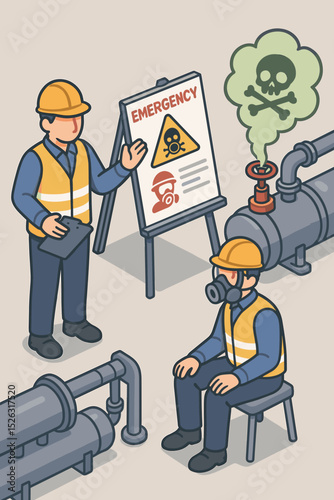 Industrial safety training on emergency response to toxic gas leak. Instructor explains hazard protocols to worker wearing a gas mask. Occupational safety and health vector illustration.