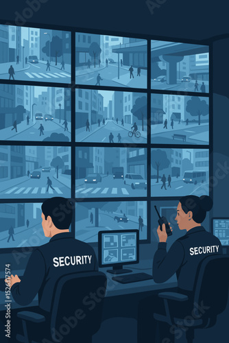 Security guards in surveillance control room monitoring city on CCTV video wall. Team of officers watching screens. Concept of public safety, urban monitoring, and protection system.