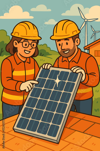 Engineers installing solar panel on a house roof. Teamwork concept for renewable energy. Green power and sustainable technology with wind turbines. Eco-friendly cartoon vector.