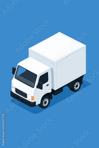 Isometric white box truck vector illustration. Delivery van for cargo shipping and logistics services. Commercial transport vehicle mockup. Blank template for branding and design.