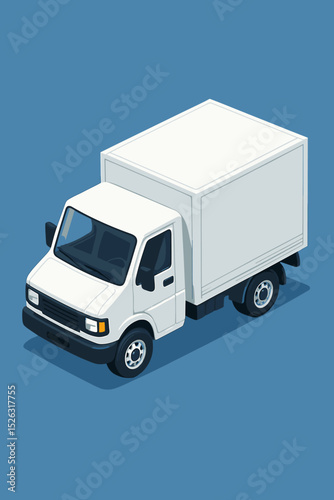 White box truck isometric vector illustration. Delivery van for commercial transport, logistics, and shipping. Blank cargo truck mockup for branding. Freight vehicle concept.