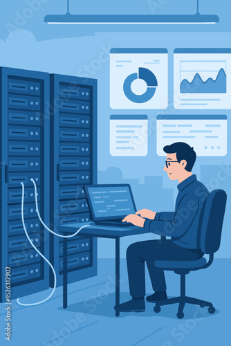 IT specialist working in a data center. Male system administrator or engineer managing server racks and network with laptop. Data analysis concept with dashboards and charts.