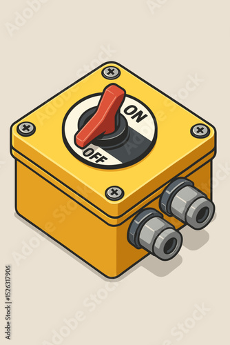 Industrial power switch vector illustration. Isometric yellow control box with red lever for on and off. Electrical equipment for machinery and factory safety. Start stop concept.