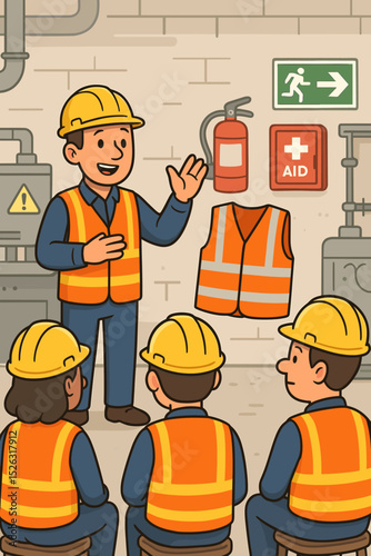 Safety training session concept. Instructor explains occupational health and safety to factory workers. Briefing with hard hats, fire extinguisher, first aid. Industrial meeting.