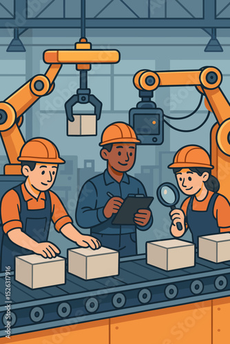 Human-robot collaboration in a smart factory. Workers and robotic arms on an assembly line. Industrial automation, manufacturing process, and quality control inspection concept.