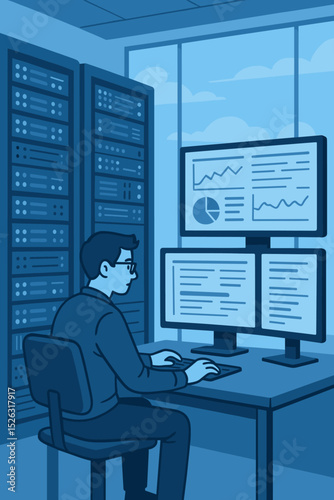 IT specialist working in a data center server room. System administrator monitoring network and database on computer screens. Man analyzing big data. Cloud computing concept.