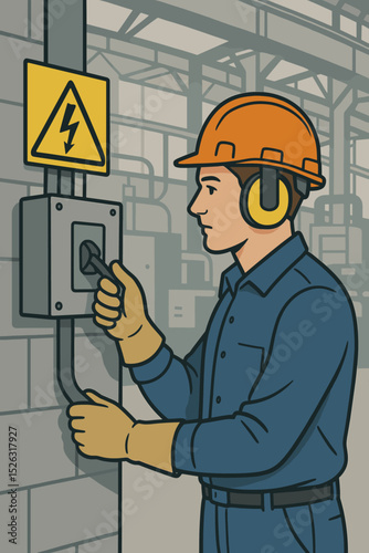 Electrician in hard hat following safe electrical practices, operating a switch on a high voltage panel. Industrial worker with PPE in a factory. Concept of job safety and risk.