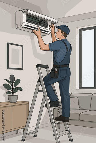 Technician installing an air conditioner in a living room. Male worker on a ladder performing maintenance on HVAC system. Home repair service concept for climate control.