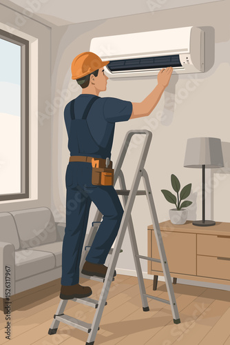 HVAC technician installing or repairing an air conditioner. Professional handyman on stepladder doing home AC unit maintenance service. Climate control system installation vector.