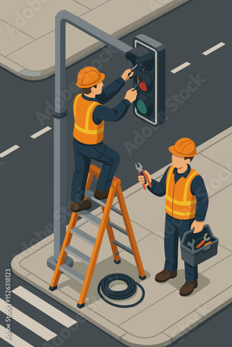 Isometric vector of workers repairing a traffic light. Electricians team in safety vests performing maintenance on a city street signal. Infrastructure service and road safety concept.