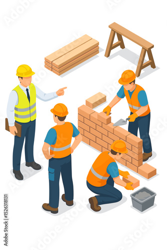 Isometric construction team with foreman supervising workers. Engineer or architect managing bricklayers building a brick wall. Industrial building process and development concept.
