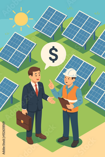 Solar energy investment discussion. Businessman and engineer talking about financing a solar panel farm. Green technology, renewable power, and sustainable business partnership concept.