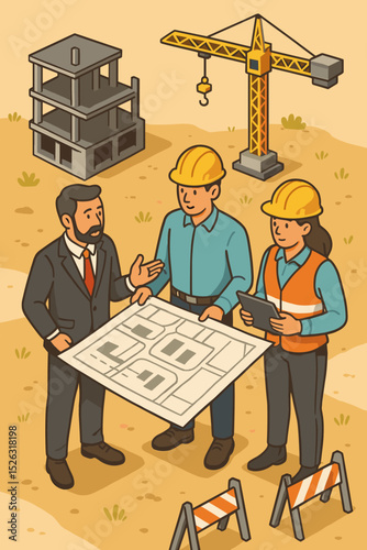 Construction site meeting with architect, engineer and investor. Team discussing blueprint for a building project. Isometric real estate development, teamwork and industry concept.