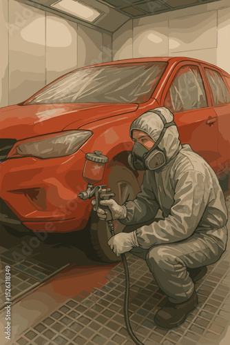 Professional auto painter in protective suit and respirator mask spraying a red car. Man with spray gun in body shop paint booth. Vehicle repair, maintenance, and service.