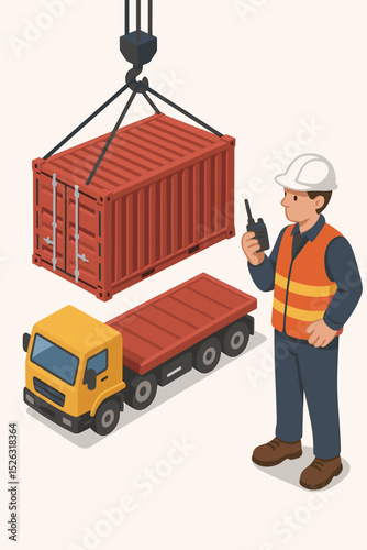 Isometric vector of port worker supervising crane loading shipping container on truck. Logistics, supply chain, and freight transport concept. Cargo industry and global trade illustration.