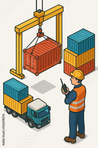 Isometric illustration of a shipping port. A foreman supervises a gantry crane lifting a cargo container. Logistics, supply chain, freight transport, and warehouse industry concept.