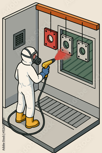 Industrial painter in a protective hazmat suit and respirator using a spray gun. Powder coating metal parts in a spray booth. Isometric vector of a manufacturing process.