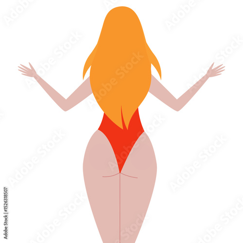Back view of red-haired woman in swimsuit, vector illustration.