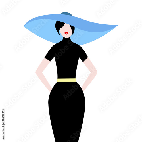 Stylish woman in black dress with blue hat, vector illustration.
