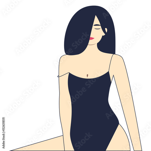 Dark-haired woman in black swimsuit sitting, vector illustration.