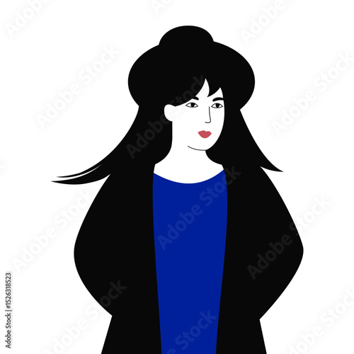 Woman with long black hair in blue dress, vector illustration.