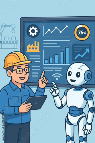 Smart factory and Industry 4.0 concept. Engineer and robot collaborating. Human AI teamwork. Automation technology. Production control and data analysis on digital dashboard screen.