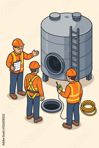 Workplace safety briefing for confined space entry. Workers with PPE, harness, and gas detector at manhole. Supervisor with clipboard for tank inspection. Isometric vector illustration.