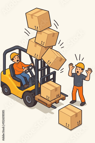 Forklift accident vector illustration. Unsafe operation in a warehouse with falling cardboard boxes. Workplace safety concept of industrial hazard, danger, risk and insurance.