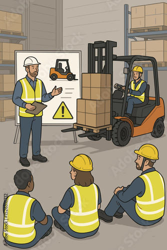 Forklift safety training course illustration. Instructor teaching diverse warehouse workers about safe operation and regulations. Workplace health, job certification, and industrial safety.