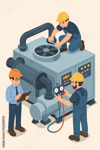 HVAC maintenance concept with technician team. Workers repair and inspect industrial air conditioning system. Engineer supervising cooling unit service. Isometric vector illustration.