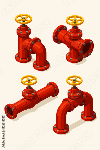 Isometric industrial pipes and valve set. Red pipeline collection with yellow handle. Vector plumbing elements for water, oil, or gas systems. Factory construction equipment.