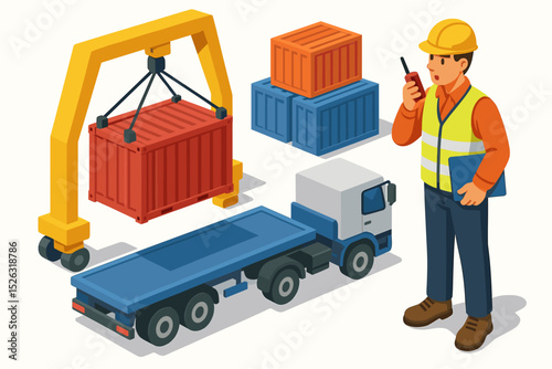 Supply chain management isometric vector concept. Industrial worker supervising gantry crane loading a shipping container onto a delivery truck. Freight transport and logistics illustration.